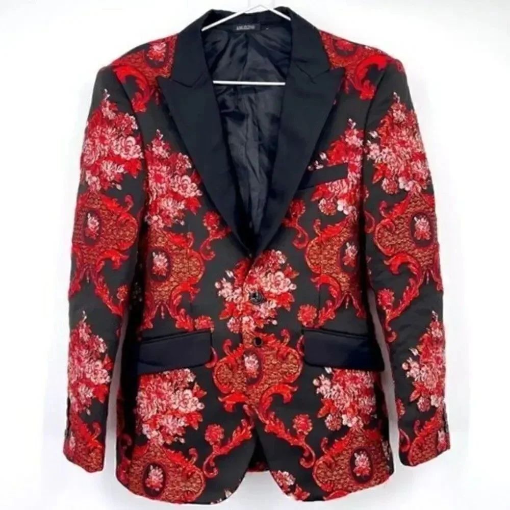Angelino Mens blazer size 36 black floral red embroidery